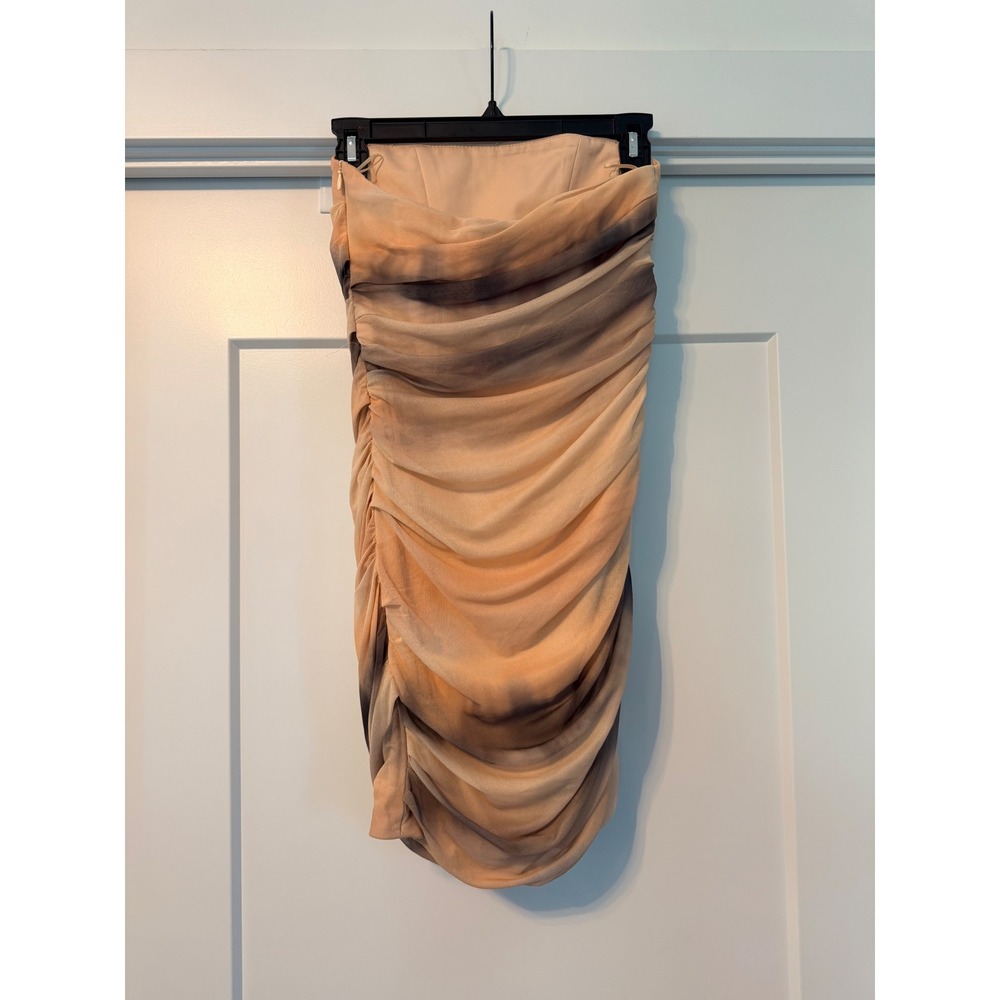 Zara Peach Grey Tie Dye Ruched Mesh Strapless Mini Dress XS Bodycon - Picture 2 of 7